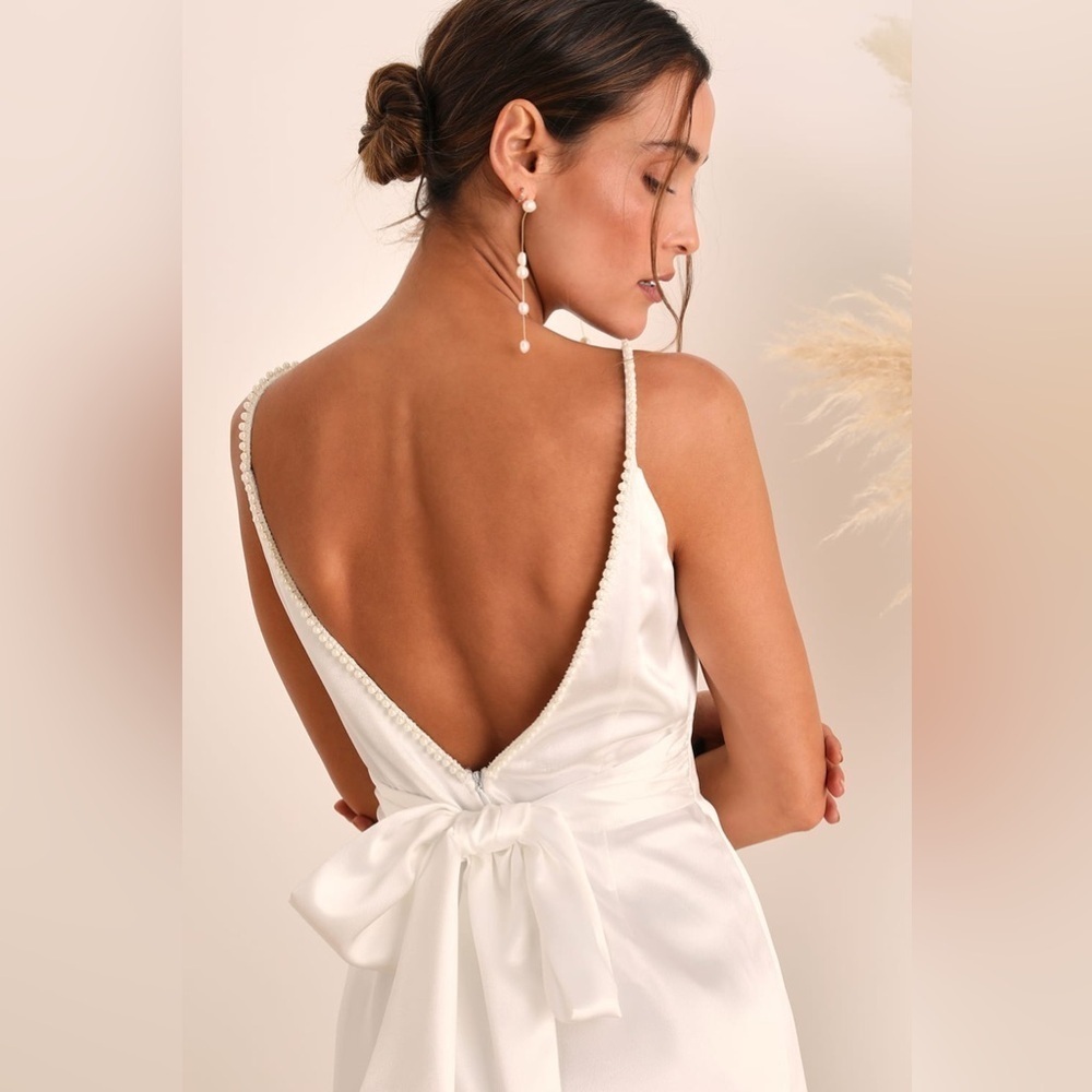 NWOT Lulus Ready For Forever White Satin Pearl Tie-Back Maxi Dress - Picture 4 of 9